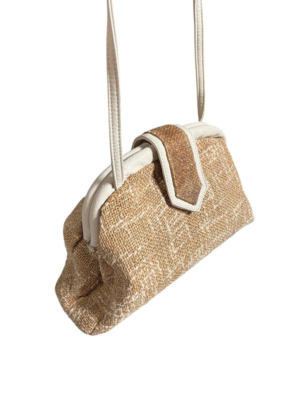 VTG Burlington Woven Shoulder Handbag Natural Tan Ivory Spring Frame Korea Retro